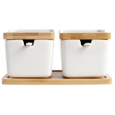 Imagem de Conjunto de 2 potes de sal com tampas e colheres de madeira, mini recipientes de especiarias de cerâmica, portátil para viagens