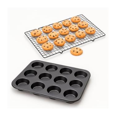 Imagem de Kit com Grade de Resfriamento Inox e Forma para Cupcake Antiaderente, Ideal para Cookies, Pães, Biscoitos e Pão de Queijo, Aço de Qualidade (Kit 3)