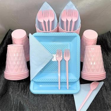 Imagem de Kit Festa Aniversário Itens Descartáveis Premium - Conjunto Copos, Pratos e Talheres em Cor Pastel para Aniversário, Casamento e Eventos(Rosa Azul Candy)