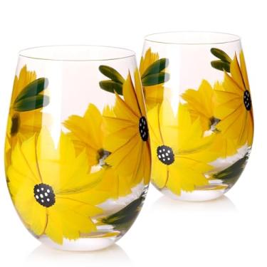 Imagem de Taças de vinho sem haste pintadas à mão – Conjunto de 2 taças de vinho da série girassol – Presente de Dia das Mães grande e exclusivo para ela, mãe, esposa, amigos ou namorada (conjunto de copos sem