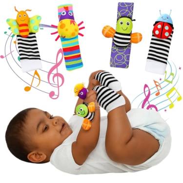 Imagem de Combo 2 Meias e 2 Pulseiras Bebê com Chocalhos 0 a 12 Meses Menina Menino Conforto e Diversão (Abelhinha)