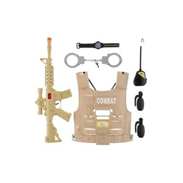 Imagem de Kit Militar Infantil com Acessórios, Colete, Fuzil, Bússola, Rádio, Granada, Algema, Plástico, Bege, para Crianças Acima de 3 Anos