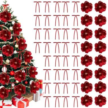Imagem de Solsew 52 peças de flores grandes de magnólia de Natal e laços de veludo para enfeites de árvore de Natal, 25 cm, hastes florais de poinsétia com glitter artificial, hastes para guirlanda de árvore de