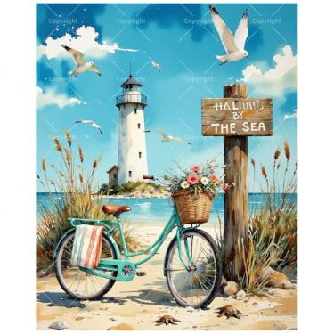 Imagem de Kit de pintura de bicicleta por números para adultos – Farol DIY e bicicleta com cesta de flores pela praia, pintura em tela, 40,6 x 50,8 cm, conjunto de tinta acrílica para iniciantes, arte costeira