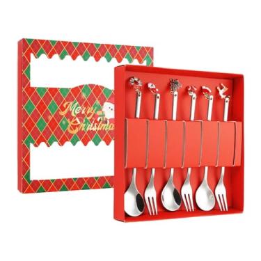 Imagem de Fenteer Garfos e colheres para o jantar de Natal Garfos elegantes talheres reutilizáveis ​​presente colher de sorvete para celebrações em cozinha, Prata 6 Peças