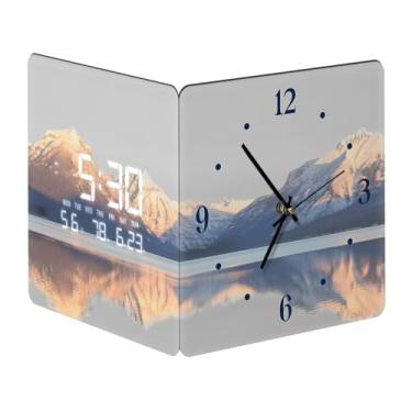 Imagem de SCOAGE Relógio de parede analógico iluminado inteligente calendário digital nascer do sol lago relógio de parede com temperatura dia canto moderno relógio de parede com luz para quarto, garagem, sala