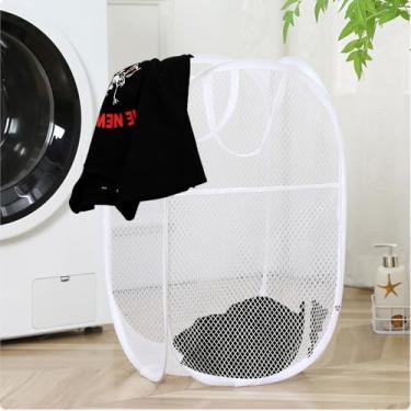 Imagem de 2 peças de cesto de roupa suja pop-up de malha com alças portáteis, dobrável para armazenamento, sacos de lavanderia dobráveis para quarto, dormitório universitário ou viagem, branco