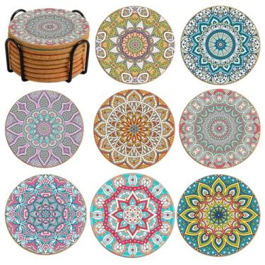 Imagem de Conjunto de 8 porta-copos de Natal, porta-copos de cortiça para bebidas, porta-copos fofos com suporte, porta-copos coloridos para decoração de Natal de apartamento, casa, bar, para amigos (Mandala 6)