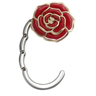 Imagem de Gancho para bolsa de mão dobrável com design de rosa vermelha monocromática – Gancho dobrável portátil para mulheres, estudantes, presente pequeno, carteira, mesa e mochila escolar