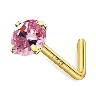 Imagem de CHARMONLINE Brincos de nariz preenchidos com ouro 14K, pedra do mês de nascimento em forma de L, anel de nariz de aço inoxidável 20G, 3 mm, zircônia cúbica, curva, L, piercing de nariz hipoalergênico