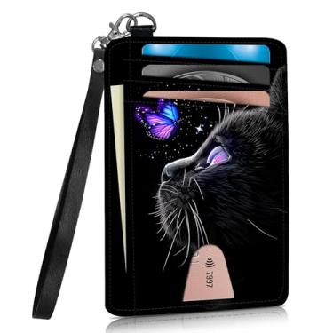 Imagem de WZCJDHMJ Carteira fina com suporte para cartão de crédito com cordão de pulso, carteira com bloqueio de RFID e janela para identidade, Gato preto borboleta