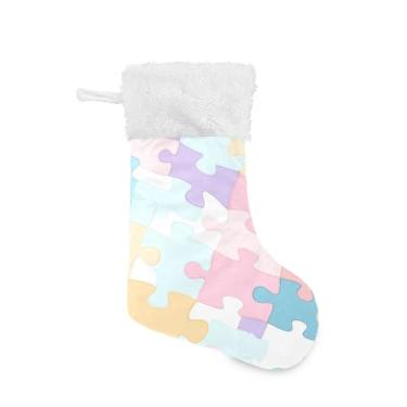 Imagem de Blueangle 1 pacote de meias de Natal com padrão de quebra-cabeça colorido pastel de 48 cm para decorações de festas de fim de ano, porta-presentes e meias (788)