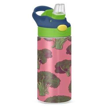 Imagem de Blueangle Garrafa de água isolada de aço inoxidável com padrão de brócolis de 350 ml com tampa de canudo - Garrafa esportiva reutilizável à prova de vazamento para viagens, ao ar livre (500)