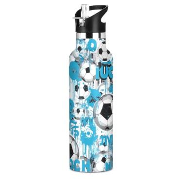 Imagem de Blueangle Garrafa de água de 590 ml com canudo - Garrafa de água esportiva de aço inoxidável sem BPA, design de futebol azul à prova de vazamento para academia, atividades ao ar livre, escritório e