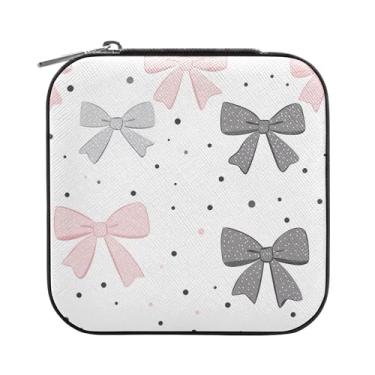 Imagem de SEHANY Caixa de joias personalizada com laço rosa para mulheres, meninas, mini estojo de joias de couro PU, organizador de joias de viagem, caixa de joias para brincos, anéis, colares, presentes para
