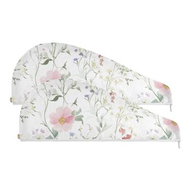 Imagem de SEHANY Toalha de cabelo de microfibra de flores coloridas elegantes para mulheres, 2 peças, turbantes de cabelo de secagem rápida com botão, touca de cabelo seco absorvente toalha de secagem de cabelo