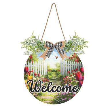 Imagem de SEHANY Placa de boas-vindas com flores de jardim, decoração de porta da frente, guirlanda de boas-vindas redonda para decoração de casa de fazenda, varanda, pátio, 30 x 30 cm