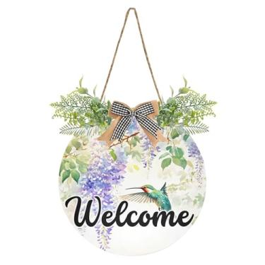 Imagem de SEHANY Placa de boas-vindas colorida, beija-flor, decoração de porta da frente, guirlanda de boas-vindas redonda para decoração de casa de fazenda, varanda, pátio, 30 x 30 cm