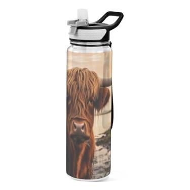 Imagem de ATTX Garrafa de água Highland Cow, 946 ml, à prova de vazamento e livre de BPA, garrafas de água reutilizáveis de plástico Tritan para viagens, academia, corrida, fitness #131