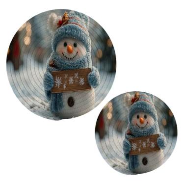 Imagem de Blueangle 2 peças de suporte de panela de trivet de boneco de neve de Natal - conjunto de pegadores de panela de tecido redondo - almofadas quentes trançadas de algodão - porta-copos - tapetes de mesa