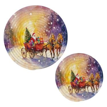 Imagem de Blueangle 2 peças de suporte de panela de trivet de rena de Papai Noel - conjunto de pegadores de panela de tecido redondo - almofadas quentes trançadas de algodão - porta-copos - tapetes de mesa para