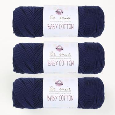 Imagem de 3 novelos La Mia Baby 50% algodão total 297,7 g cada 3,5 oz (100 g) / 218yd (200m), médio, penteado, fio super macio, melhor para bebês e amigurumi, (azul marinho - L007)