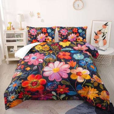 Imagem de Jogo de cama king com flores coloridas, 3 peças, fofo, floral, para meninas e adolescentes, edredom de microfibra ultramacia com 3 peças, decoração de quarto floral com fronhas