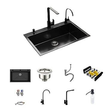 Imagem de HGTRH Pia pequena quadrada de aço inoxidável, pia de cozinha preta fosca com torneira, pia de cozinha de aço inoxidável escovado 65 x 45, pia única com 3 torneiras furo da torneira, manchado e fácil