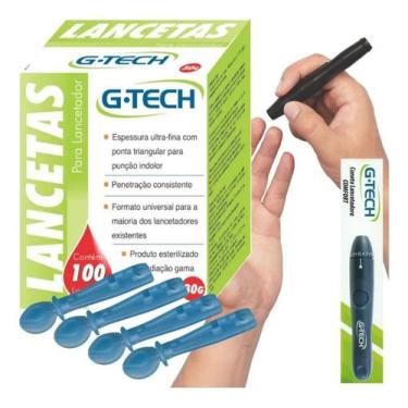 Imagem de Lancetador G-tech + 200 Lancetas Finas Para Medir Glicemia Cinza-escur