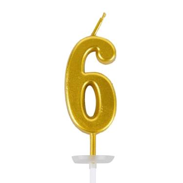 Imagem de Vela de bolo de feliz aniversário número - Vela CARGEN com placa de base para decoração de bolos em festas de aniversário e comemorações de aniversário de casamento, dourada, número 6