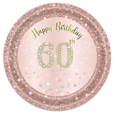 Imagem de 16 peças, pratos e 20 guardanapos, decorações de feliz aniversário de 60 anos, utensílios de mesa femininos, ouro rosa, suprimentos para festa de aniversário