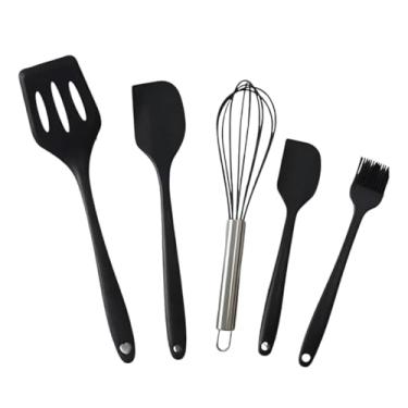 Imagem de Conjunto de Utensílios de Cozinha de Silicone, 5 Peças, Preto, Inclui Espátula, Colher, Batedor, Pincel