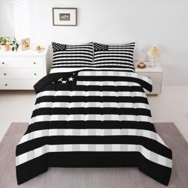 Imagem de jejeloiu Conjunto de edredom xadrez, tamanho Queen, listrado, para crianças, meninos, meninas, preto e branco, edredom geométrico, decoração de quarto de microfibra, 3 peças com 2 fronhas