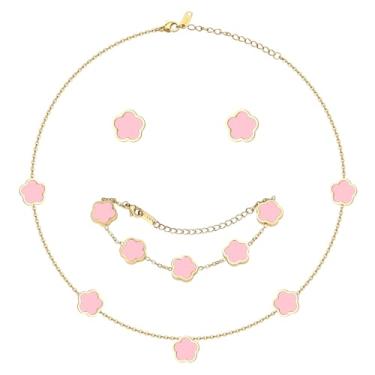 Imagem de Conjunto de joias de trevo de dupla face - Colar com pingente de pulseira de trevo de cinco folhas banhado a ouro 18 K e brincos para mulheres. Presentes da sorte para mãe, esposa, filha, amigas