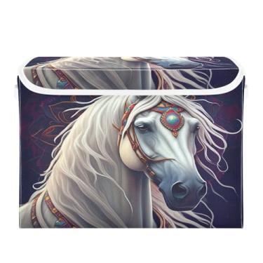 Imagem de STAYTOP Cestos de armazenamento de cavalo branco com tampas e alça de transporte, caixas de armazenamento dobráveis organizadores de recipientes para casa, quarto, armário, escritório, berçário