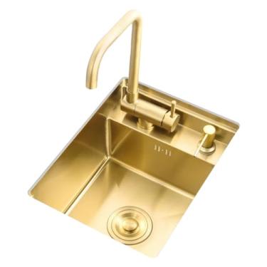 Imagem de PVXMQFFA Pia de cozinha de tigela única, estação de trabalho dourada, aço inoxidável, escondida, calha única, barra de cozinha, pequena pia única sob a bacia do balcão (cor: ouro, tamanho: 50 * 45