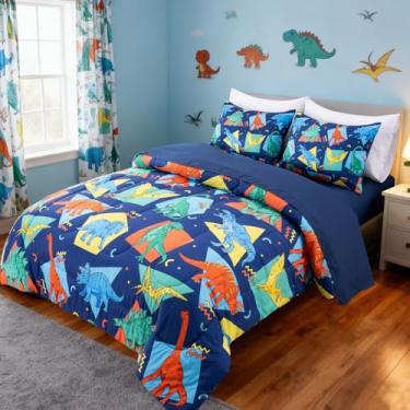 Imagem de A Nice Night - Conjunto de cama casal com estampa de dinossauros, design geométrico de fundo geométrico, 5 peças, tamanho de bolsa, ultramacio, com fronha (azul)
