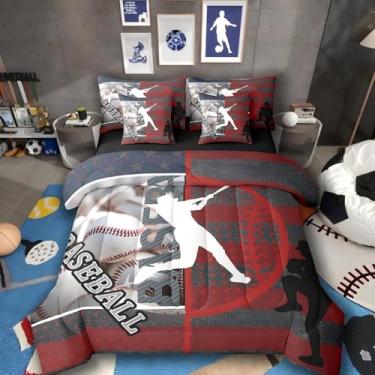 Imagem de Jogo de cama queen com taco de beisebol, 7 peças, bandeira americana, jogo de edredom e lençol com estampa de jogador de bola, esporte europeu, softball, decoração de quarto de meninos