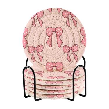 Imagem de SEHANY Conjunto de 6 porta-copos com laço rosa fofo com suporte, porta-copos redondos absorventes de algodão resistente ao calor para mesa de jantar, canecas de café, 10 cm