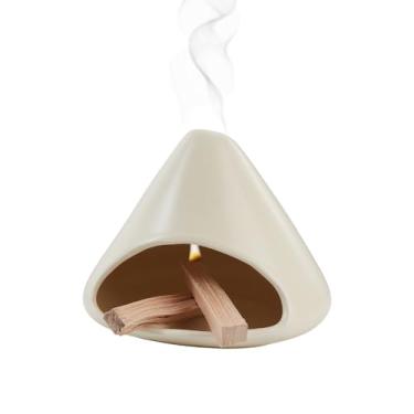 Imagem de AHANDMAKER Queimador de incenso de cerâmica Zongzi em forma de cone com chaminé para meditação, ioga, relaxamento, decoração de altar, presente de aniversário de inauguração de casa, bege, 13,5 cm