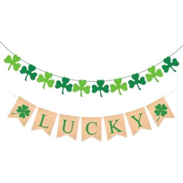 Imagem de Guirlanda de feltro de trevo verde e faixa da sorte de dia de São Patrício faixa decorativa festa irlandesa guirlanda suspensa primavera feriado trevo decorações para casa
