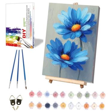Imagem de Pintura fácil de flores por números para adultos com tela emoldurada - com cavalete de madeira, pintura de flores por número para iniciantes, pintura a óleo acrílica DIY em tela com pincéis para