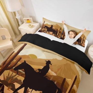 Imagem de Conjunto de capa de edredom ocidental, tamanho casal, caubói, cavalo selvagem, cacto do deserto, capa de edredom com 2 fronhas, cenário natural do pôr do sol, colcha respirável africana para meninos e