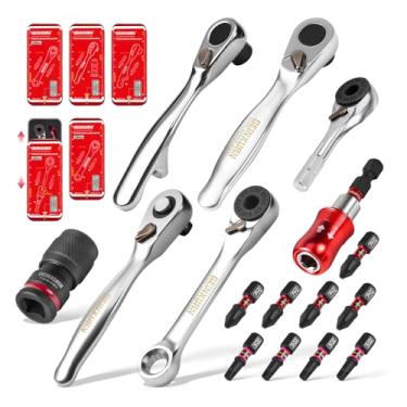 Imagem de Geinxurn Conjunto de 16 chaves de fenda de catraca, mini chave quadrada de 1/4, suporte de broca de bloqueio magnético, adaptador de impacto de troca rápida e multi-bits, estojo de estanho push-pull