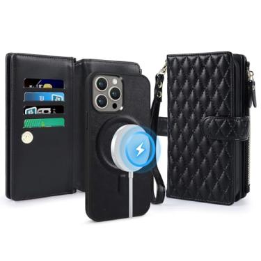 Imagem de Lacass Capa carteira para iPhone 13 Pro, compatível com MagSafe 2 em 1 de couro sintético destacável magnético com bloqueio de RFID, capa para cartão, fecho de zíper, cordão de pulso, acolchoado preto