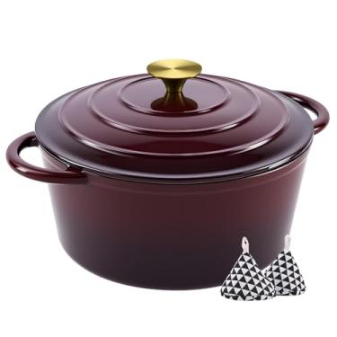 Imagem de Miereirl Panela de forno holandês esmaltada de 6 litros com tampa, forno holandês de ferro fundido com duas alças para assar pão, cozinhar, panelas revestidas de esmalte antiaderente, figo