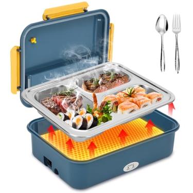 Imagem de Marmita Eletrica, 1200 ml com 3 Compartimentos e Garfo em Aço Inoxidável, Marmita Eletrica Portatil Bivolt 110V-220V - Veicular 12V, Marmitas Elétrica