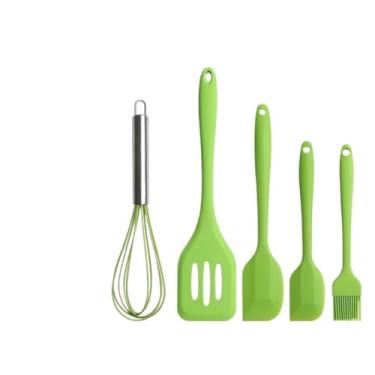 Imagem de Kit 5 Peças Utensílios de Cozinha em Silicone | Espátula Pão Duro, Colher, Fouet e Pincel | Resistente ao Calor, Antiaderente(VERDE)