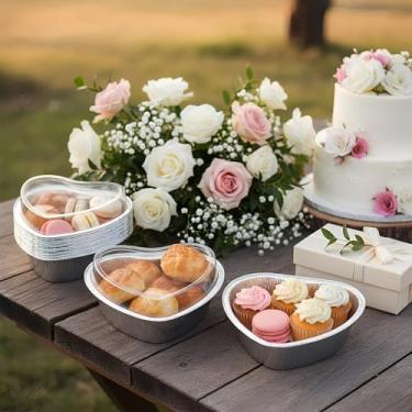 Imagem de Surakey 6 formas de bolo em forma de coração com tampas 765 g 7,4 polegadas recipientes de alimentos tamanho grande folha de alumínio descartável cupcake embalagem de alimentos caixas para viagem para