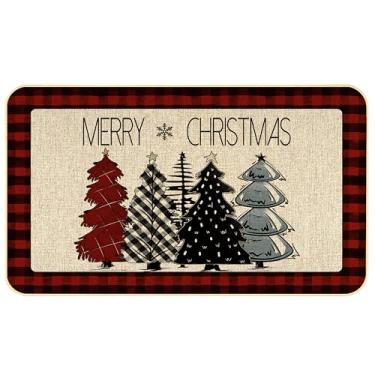 Imagem de soheioue Tapete de porta Merry Christmas, buffalo, vermelho, xadrez, árvore de Natal, entrada externa/interna, tapete de boas-vindas antiderrapante, decoração de casa de inverno, 43 x 73 cm